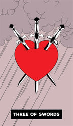 Card with a red heart pierced by three swords on a stormy background, labeled 'Three of Swords'.