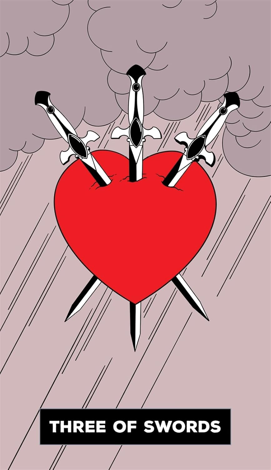Card with a red heart pierced by three swords on a stormy background, labeled 'Three of Swords'.
