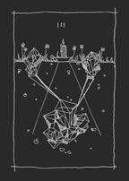 Black and white illustration of a geometric landscape with crystals and a candle on a dark background.