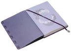 Purple notebook with decorative cover and string closure on a white background