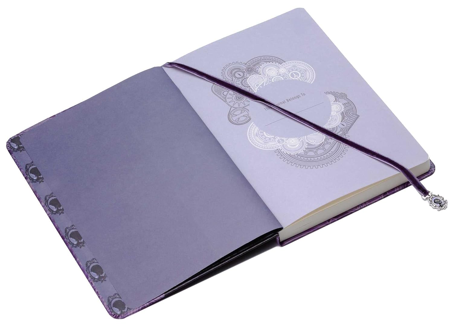 Purple notebook with decorative cover and string closure on a white background