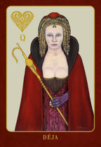 Card featuring a figure with a red cloak and staff, labeled 'DéJA'.