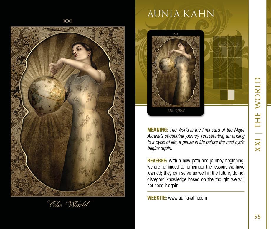 Tarot card titled 'The World' by Aunia Kahn with detailed illustration and descriptive text.