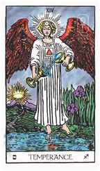 Tarot card titled 'Temperance' featuring an angel with wings and a staff, standing by water with nature elements.