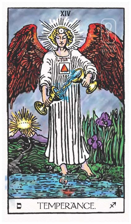 Tarot card titled 'Temperance' featuring an angel with wings and a staff, standing by water with nature elements.