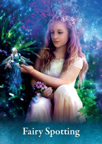 Fairy-themed poster with a girl in a white dress surrounded by fairies and mystical elements.