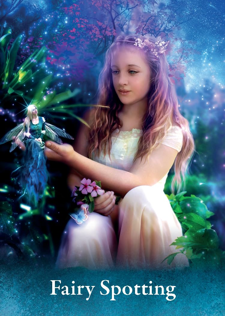 Fairy-themed poster with a girl in a white dress surrounded by fairies and mystical elements.