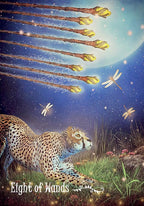 Leopard with eight wands and a dragonfly under a moonlit sky, tarot card-like illustration.