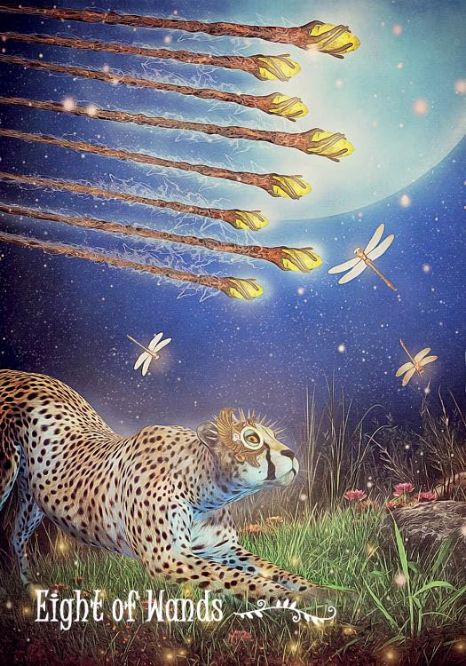 Leopard with eight wands and a dragonfly under a moonlit sky, tarot card-like illustration.