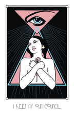 Illustration of a woman with a third eye and text 'I keep my own council' in a geometric frame.