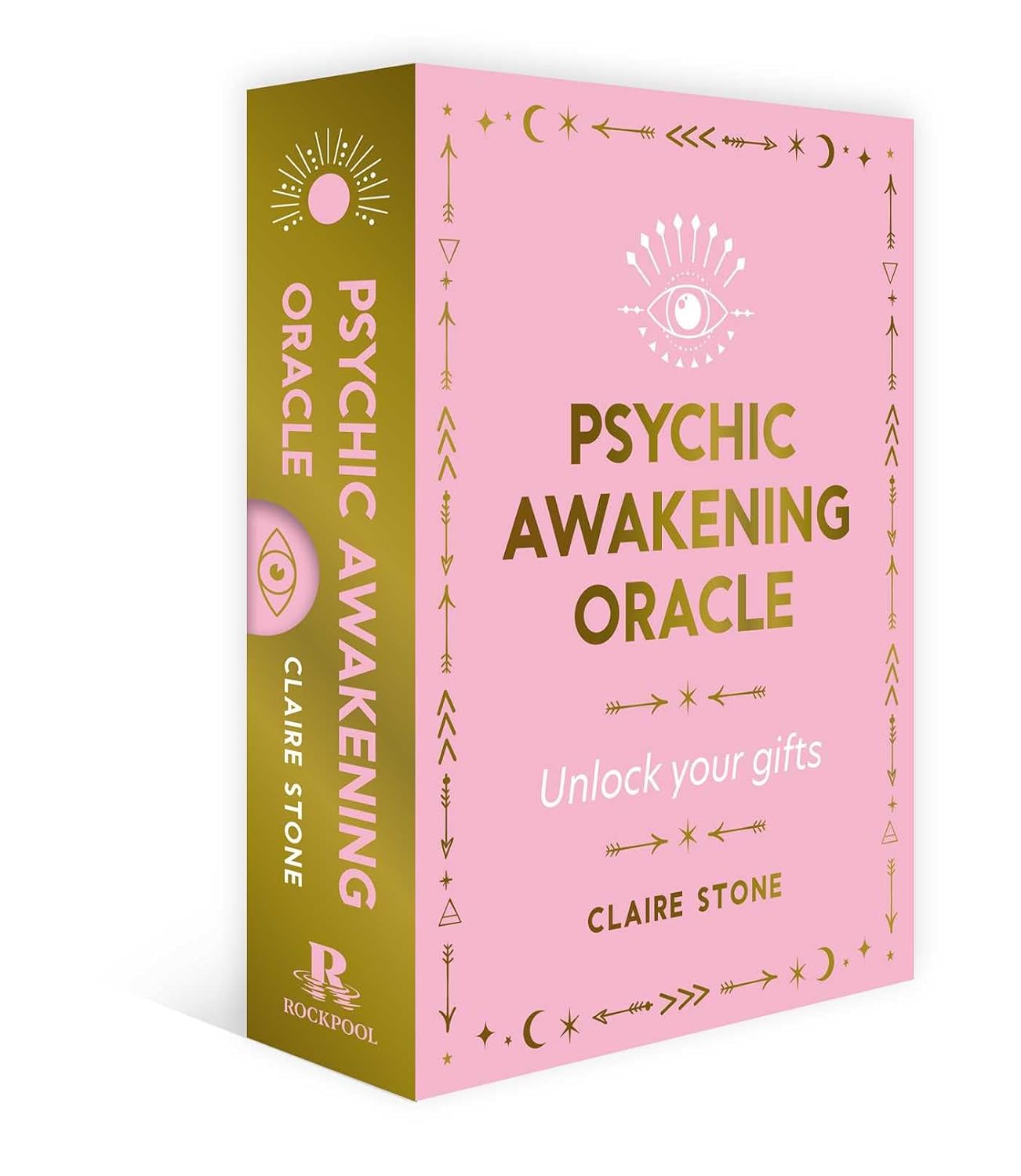 Pink and yellow 'Psychic Awakening Oracle' book by Claire Stone on a white background