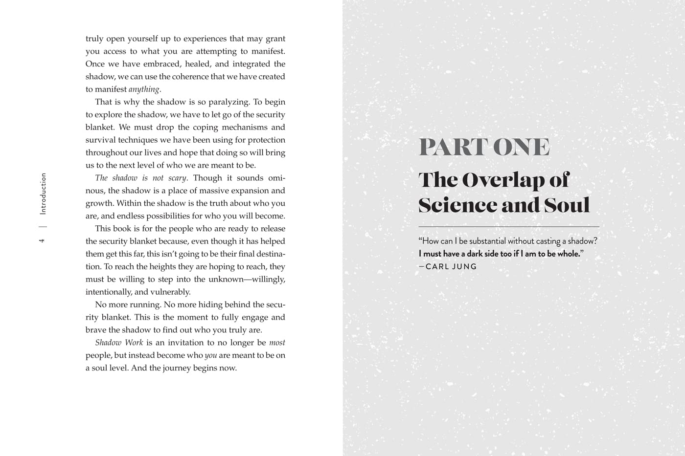 A book page with black serif text on a white background, featuring the title 'PART ONE The Overlaid of Science and Shadow' and a quote by Carl Jung.