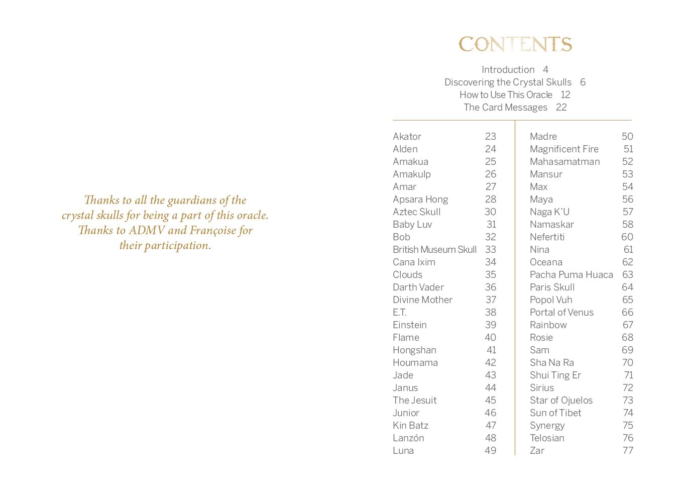 Table of contents for a book or product with names and page numbers listed.