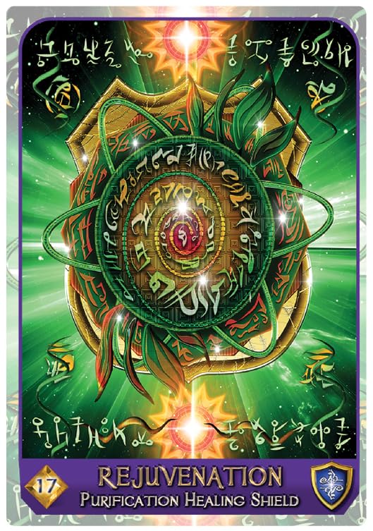 Card with a central circular design and text, surrounded by glowing elements on a green and purple background.