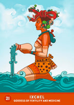Illustration of Ixchel, the Mayan goddess of fertility and medicine, with a colorful headdress and traditional attire.
