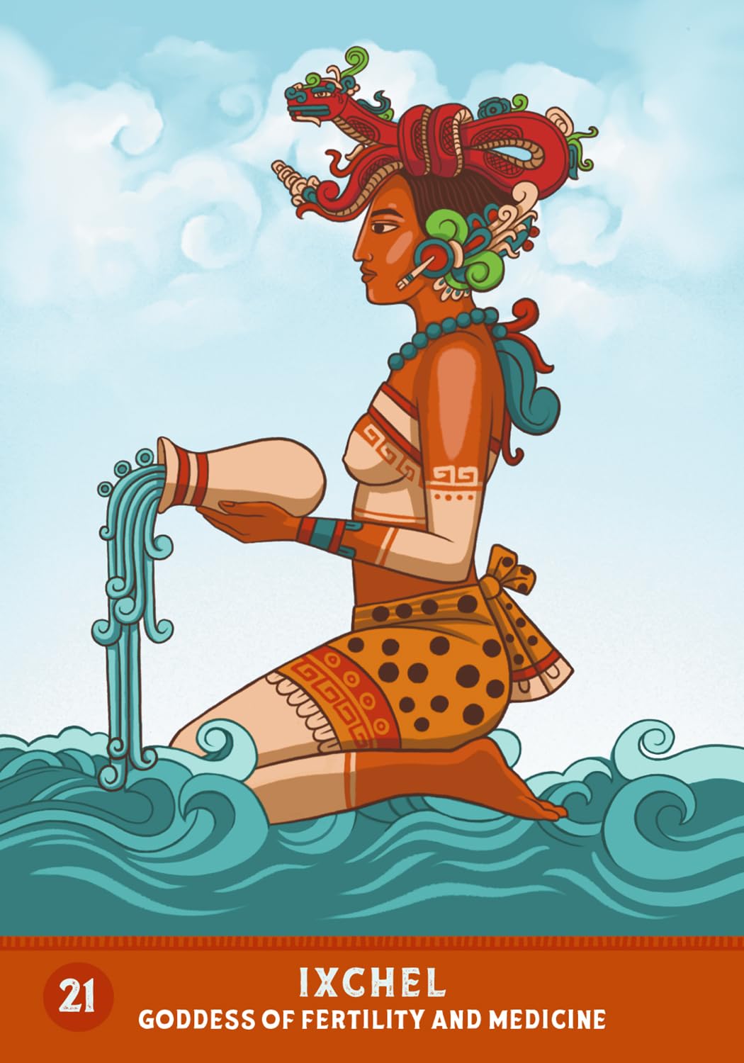 Illustration of Ixchel, the Mayan goddess of fertility and medicine, with a colorful headdress and traditional attire.