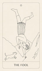Line drawing of 'The Fool' tarot card with a person upside down and a dog on a beige background.