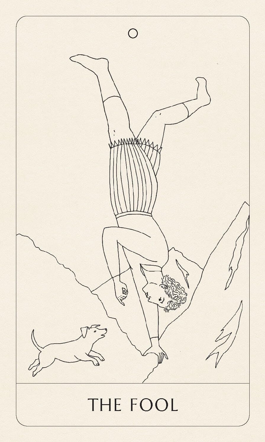Line drawing of 'The Fool' tarot card with a person upside down and a dog on a beige background.