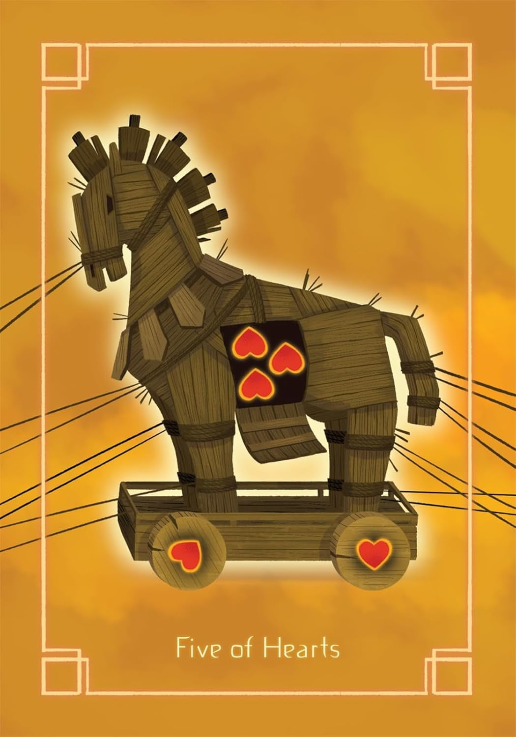 Wooden horse with red hearts on a yellow background, labeled 'Five of Hearts'.
