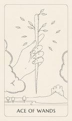 Tarot card featuring a hand holding a wand with a castle in the background, labeled 'Ace of Wands'.