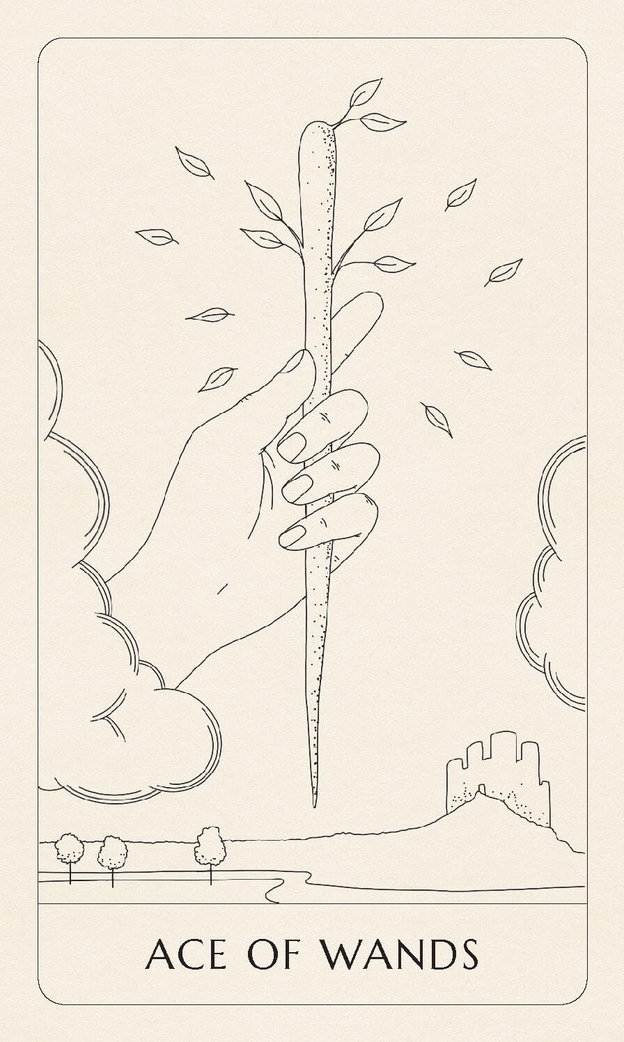 Tarot card featuring a hand holding a wand with a castle in the background, labeled 'Ace of Wands'.