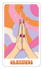Illustration of hands in prayer position with colorful abstract background and 'Gratitude' text.