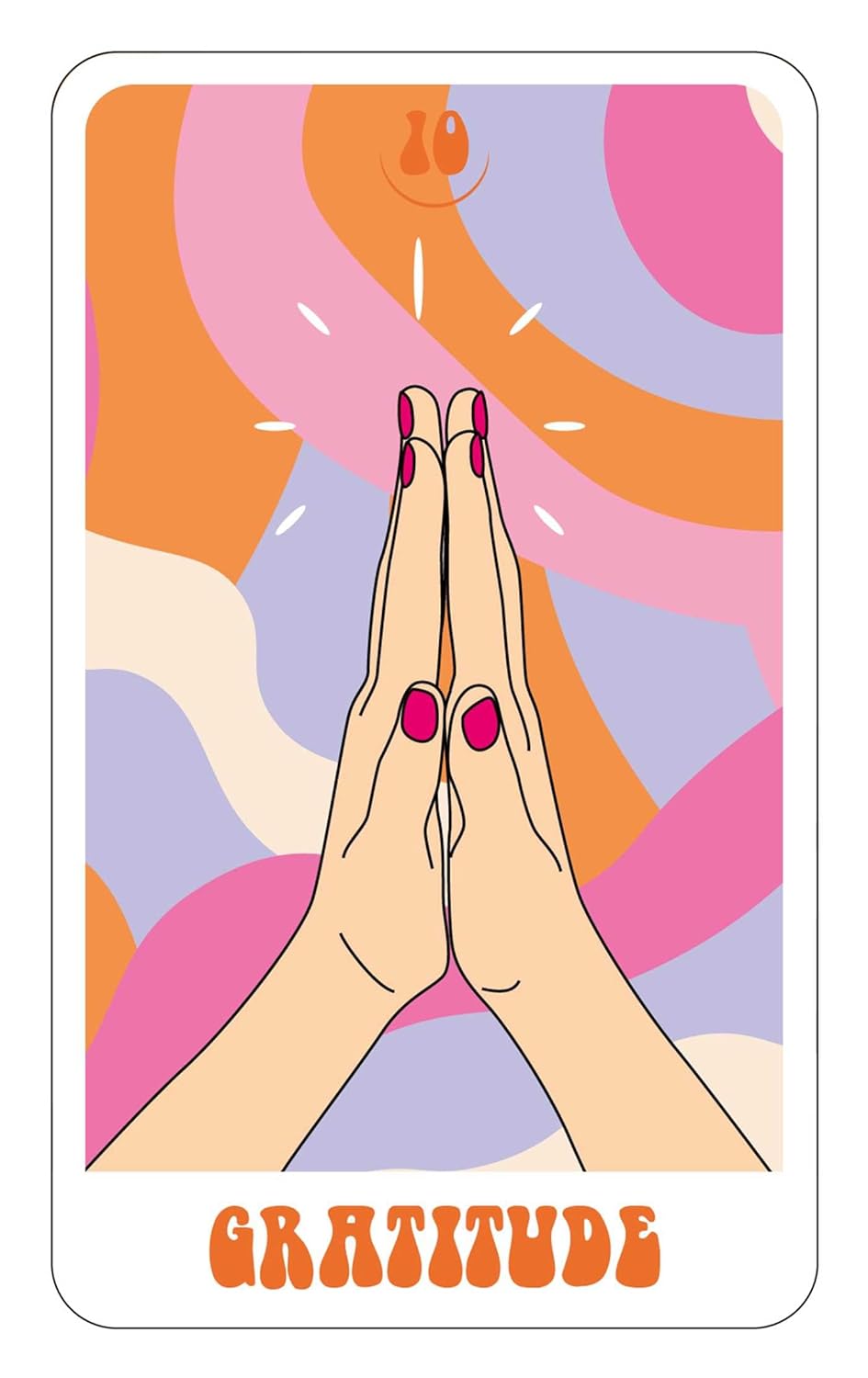 Illustration of hands in prayer position with colorful abstract background and 'Gratitude' text.