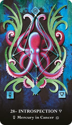 Decorative card with an octopus design and astrological text on a blue and black background