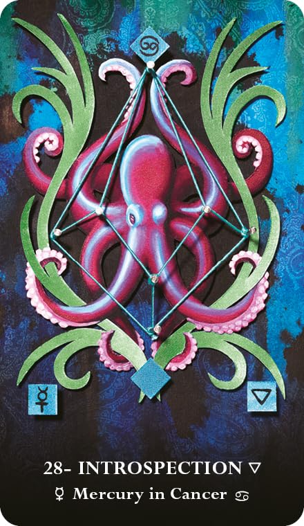 Decorative card with an octopus design and astrological text on a blue and black background