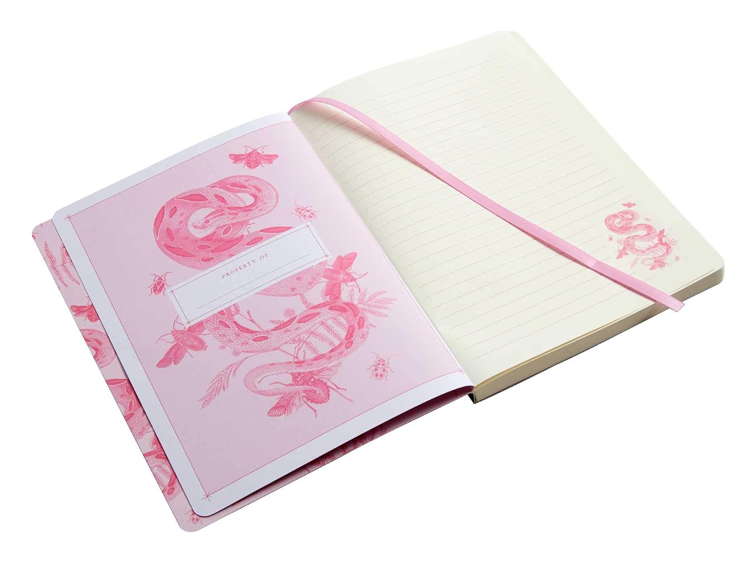 A pink floral-bound notebook shown open on a white background, with cream lined pages, a pink elastic closure, and pink decorative floral illustrations on the cover and page.