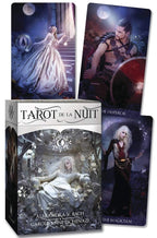 Collection of tarot cards with artistic illustrations and packaging titled 'Tarot de la Nuit'.