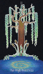 Artistic depiction of a tree with flowing branches on a black background, labeled 'The High Priestess'.