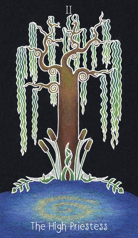 Artistic depiction of a tree with flowing branches on a black background, labeled 'The High Priestess'.