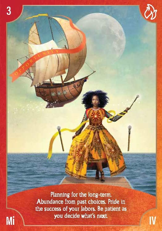 Card with a woman in a yellow dress standing on a platform over water, with a ship and moon in the background.