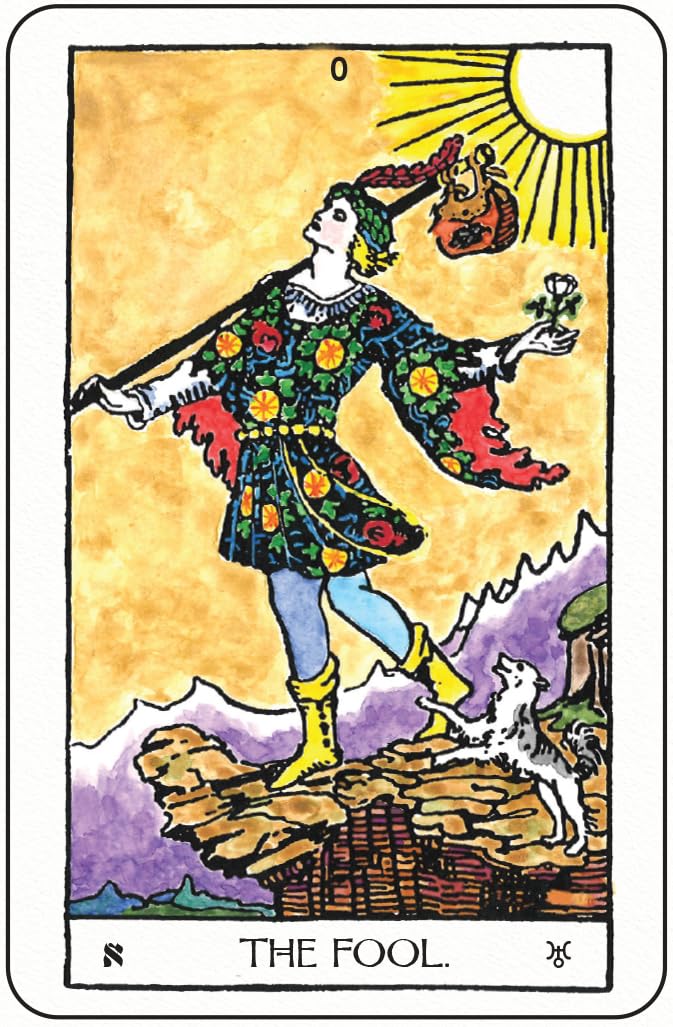 Tarot card featuring 'The Fool' with a colorful character and scenic background.