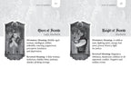 Two tarot card illustrations with descriptive text on a textured gray background.