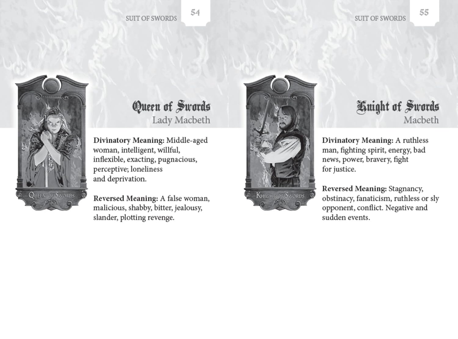 Two tarot card illustrations with descriptive text on a textured gray background.