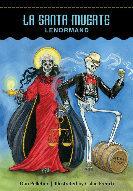 Book cover of 'La Santa Muerte Lenormand' with skeletons in traditional attire against a blue sky.