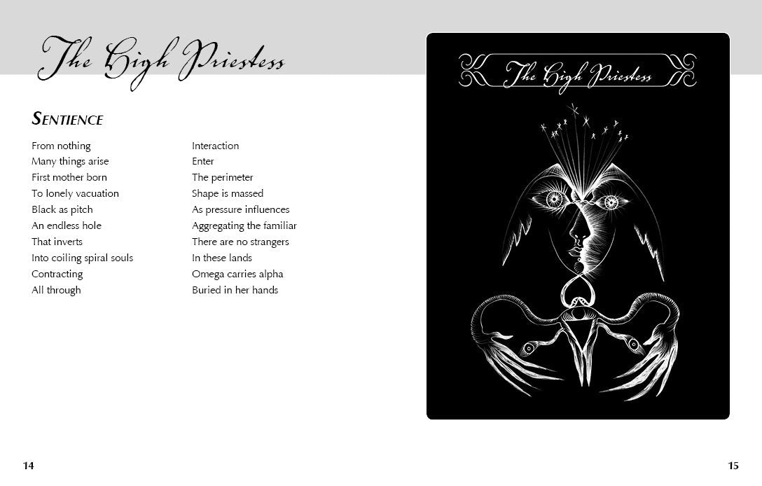 Tarot card illustration of 'The High Priestess' with text on a white background