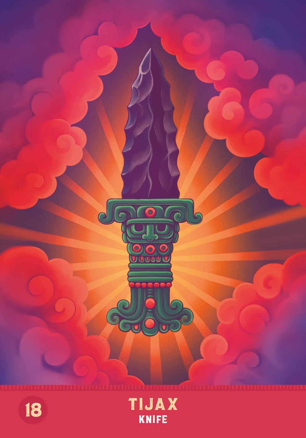 Colorful illustration of a knife with a mystical design against a vibrant background