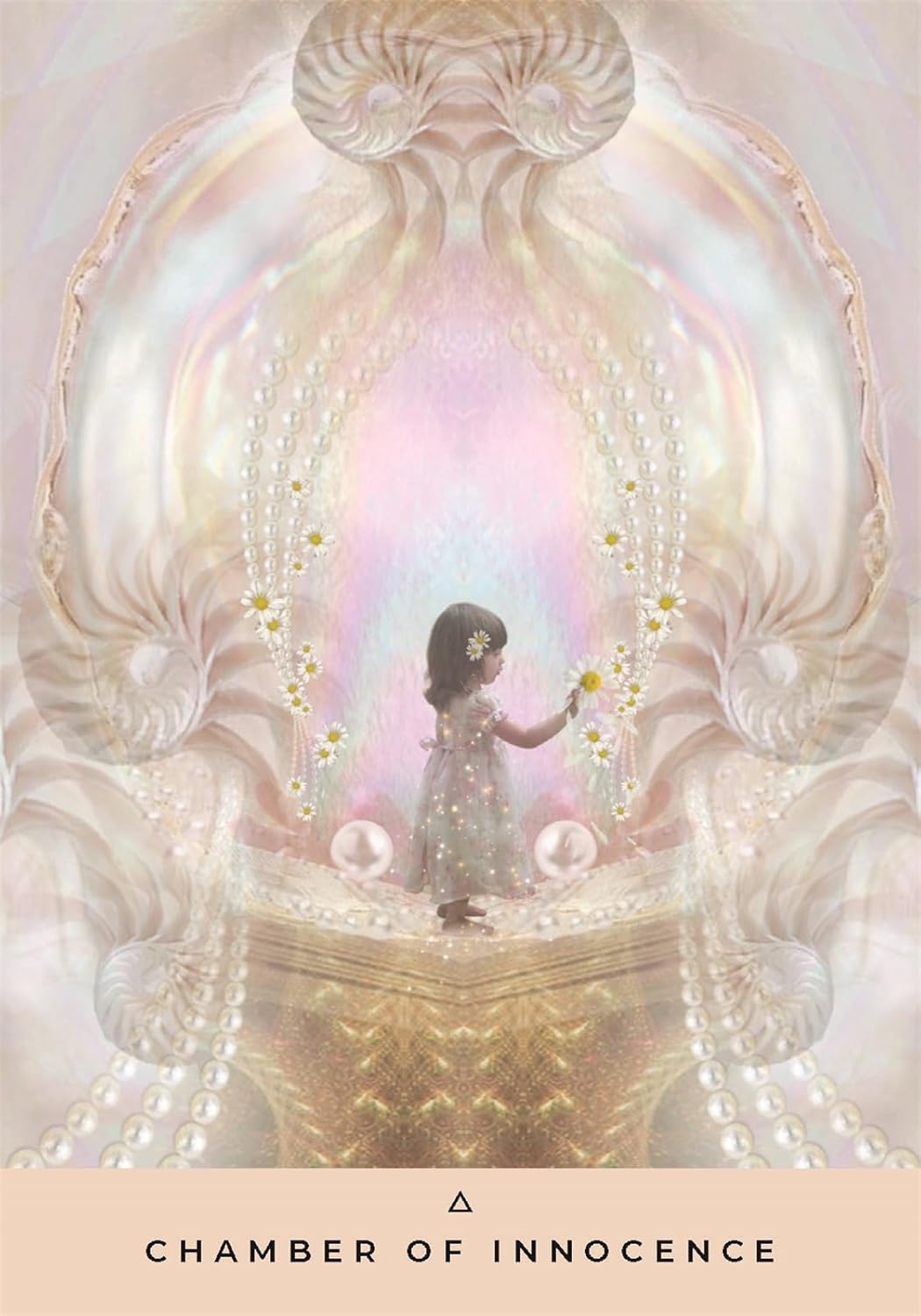 Artistic depiction of a child in a Chamber of Innocence with soft, pastel colors and decorative elements.