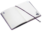 Open notebook with purple strap on a white background