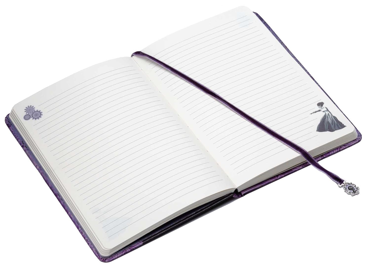 Open notebook with purple strap on a white background