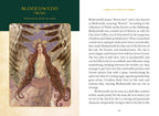 Illustration of a woman with long hair and a flower crown, accompanied by text about the Welsh myth of Blodeuwenedd.