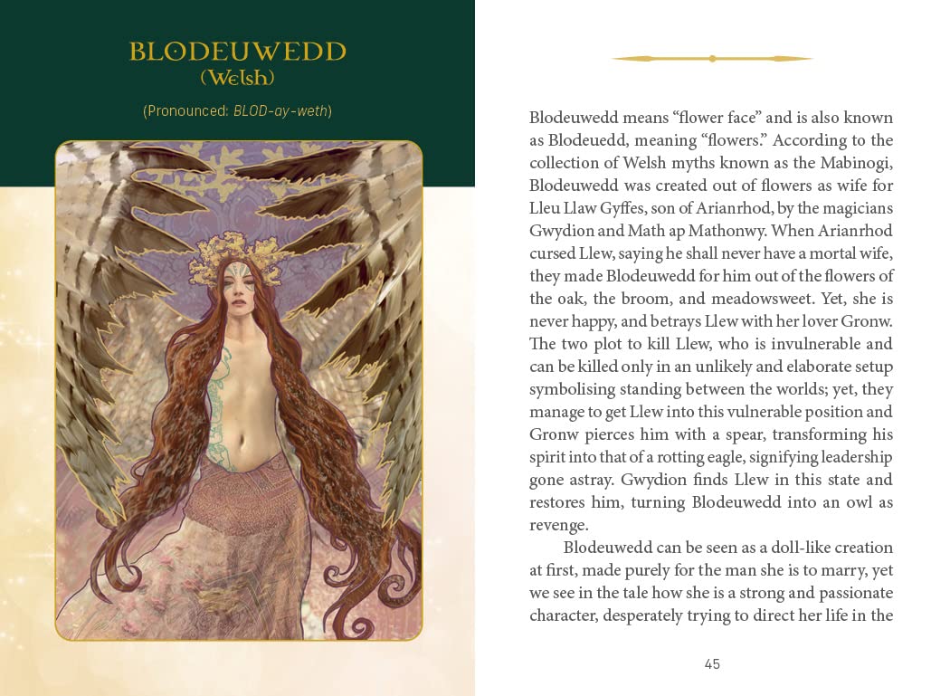 Illustration of a woman with long hair and a flower crown, accompanied by text about the Welsh myth of Blodeuwenedd.