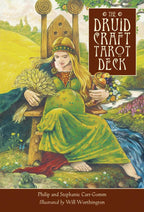 Cover of 'The Druid Craft Tarot Deck' with a woman in a green dress sitting by a stream.
