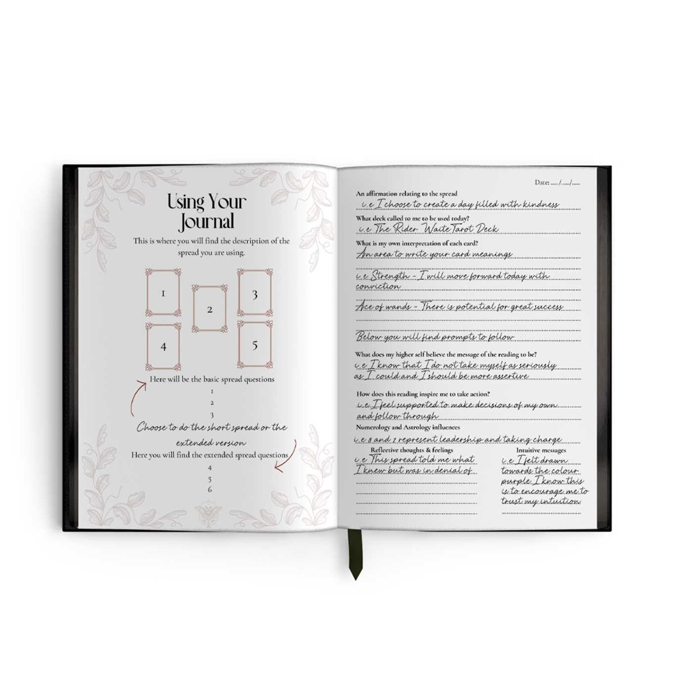 Open journal with instructions and a page with text on a white background