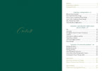 Table of contents page with a green background and white text.