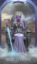 Card featuring a character labeled 'Queen of Swords' holding a sword and a heart, with a mystical background.
