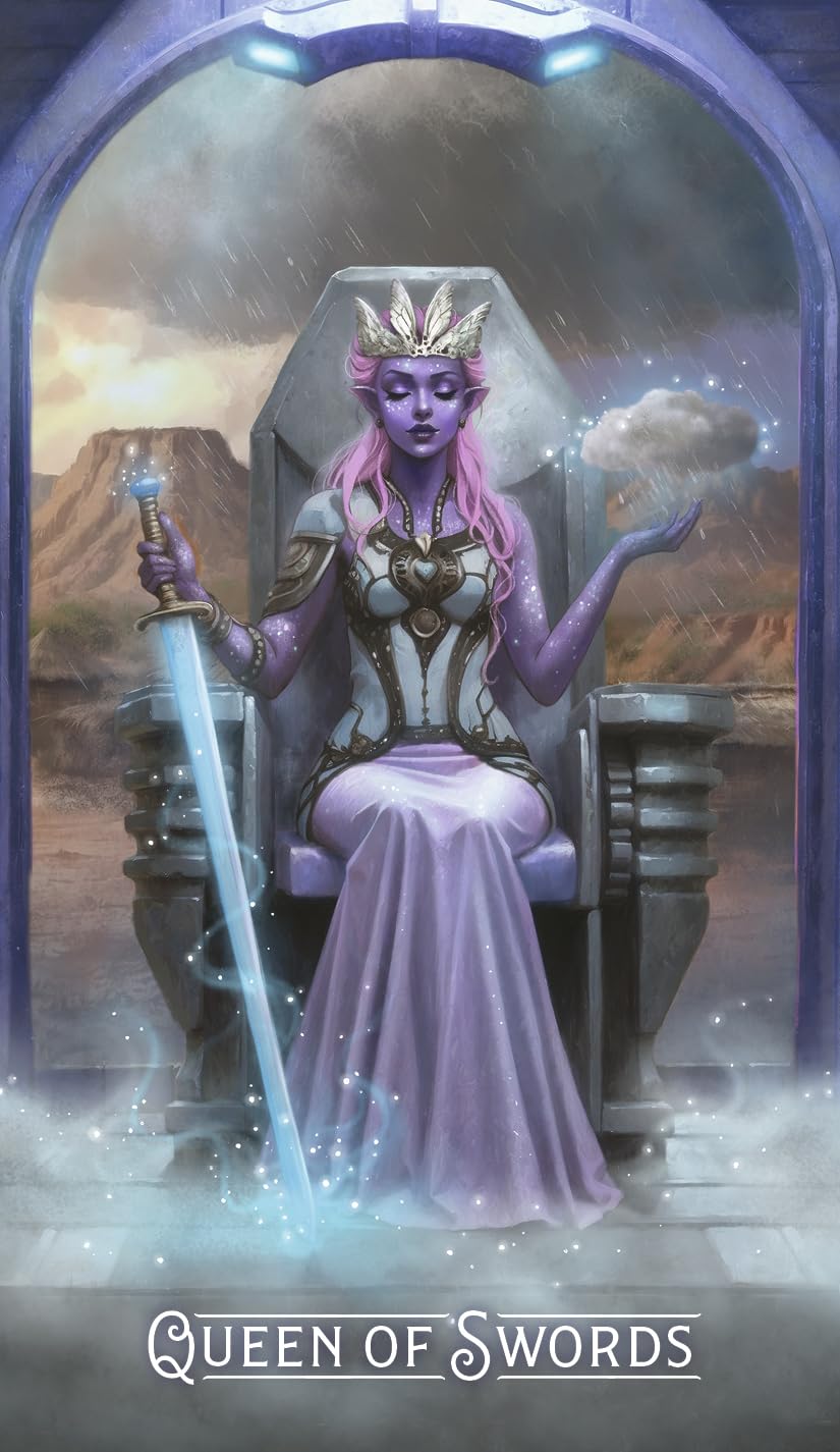Card featuring a character labeled 'Queen of Swords' holding a sword and a heart, with a mystical background.